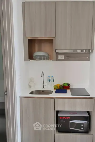 Compact modern kitchen with sleek cabinetry and built-in microwave, perfect for urban living.