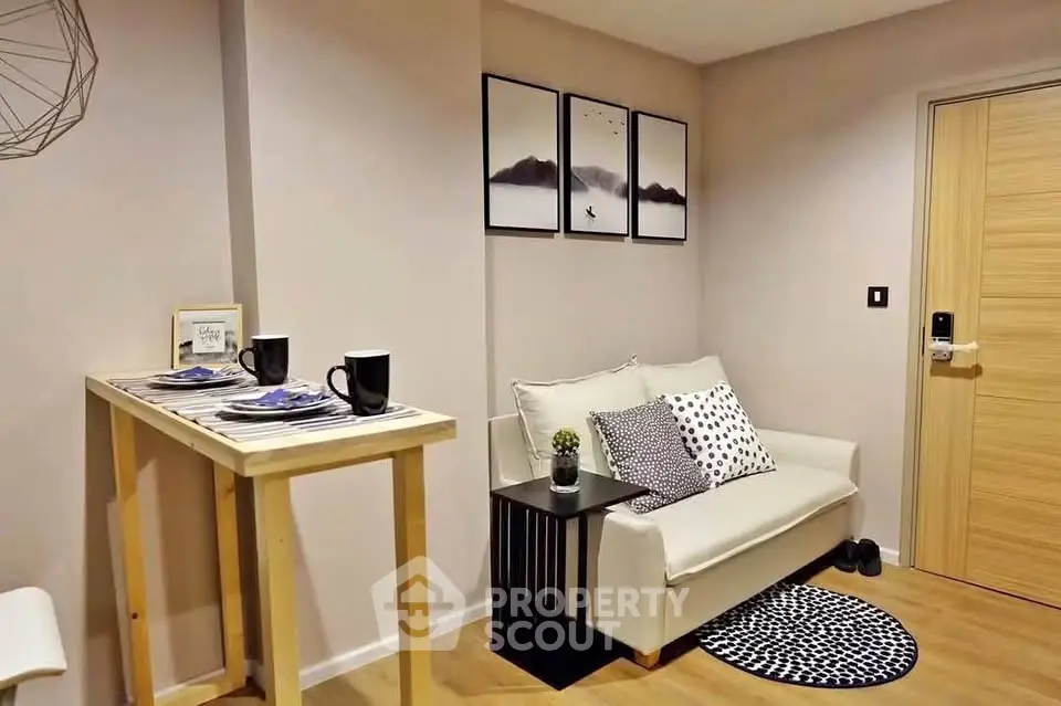 Cozy modern living room with stylish decor and compact dining area