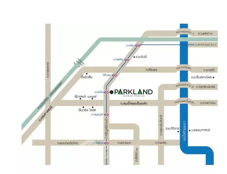 Map showing location of Parkland Charan-Pinklao with nearby streets and landmarks.