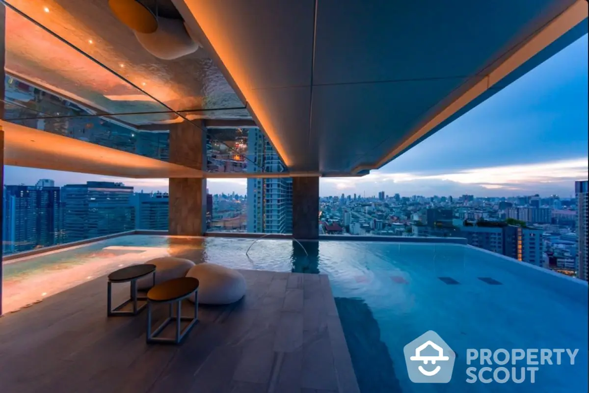 Luxurious rooftop infinity pool with stunning city skyline view at sunset