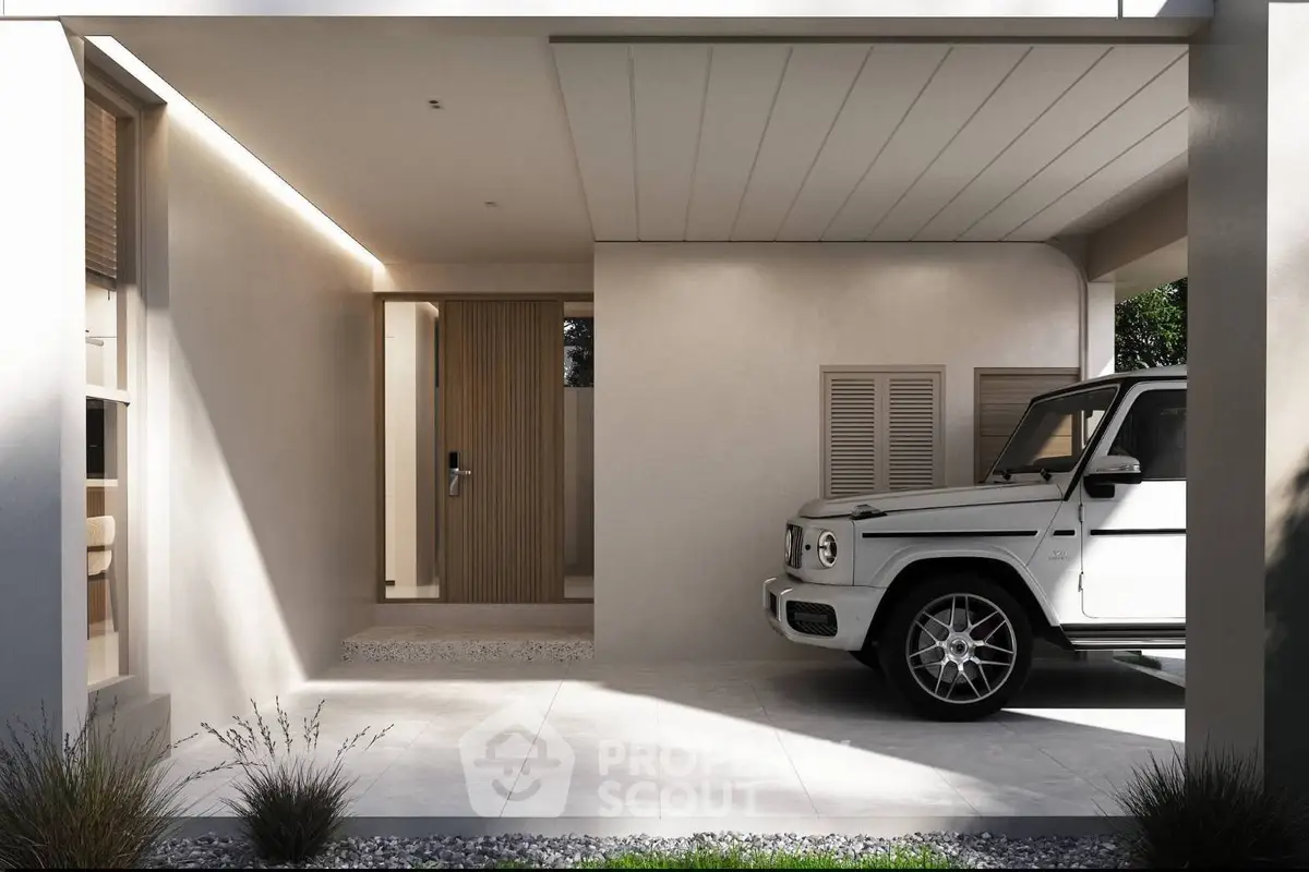 Modern home entrance with sleek carport and luxury vehicle parked, showcasing contemporary architectural design.