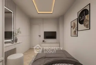 Modern bedroom with stylish decor and ambient lighting