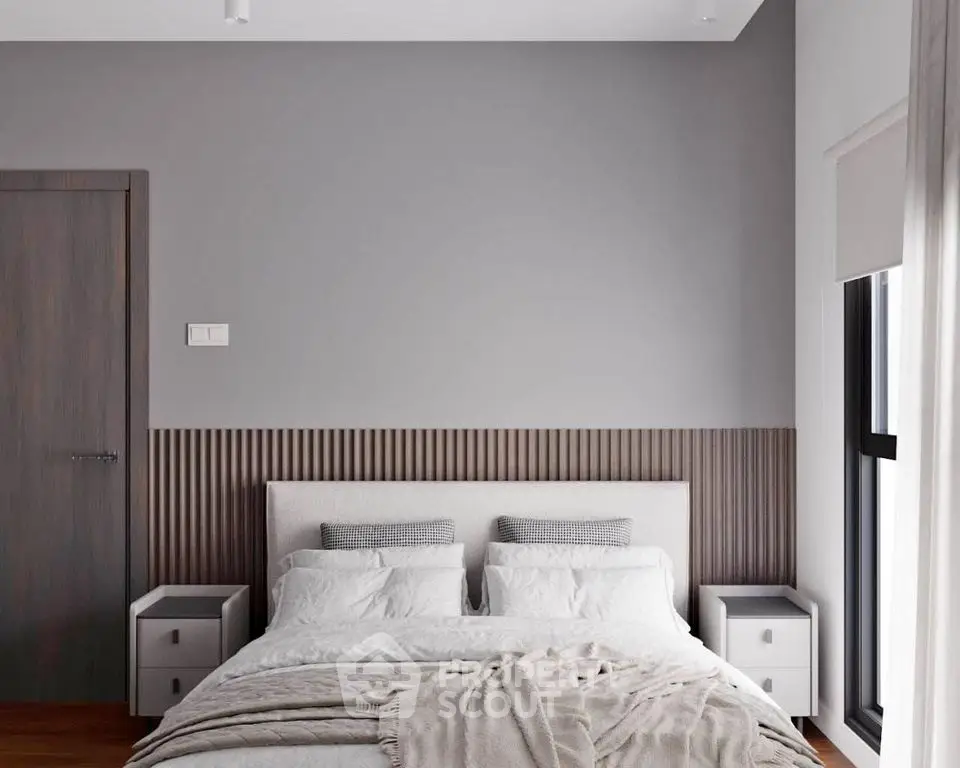 Modern minimalist bedroom with stylish decor and natural light