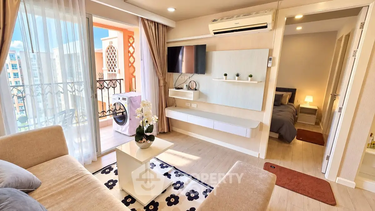 Modern living room with balcony and bedroom view in stylish apartment