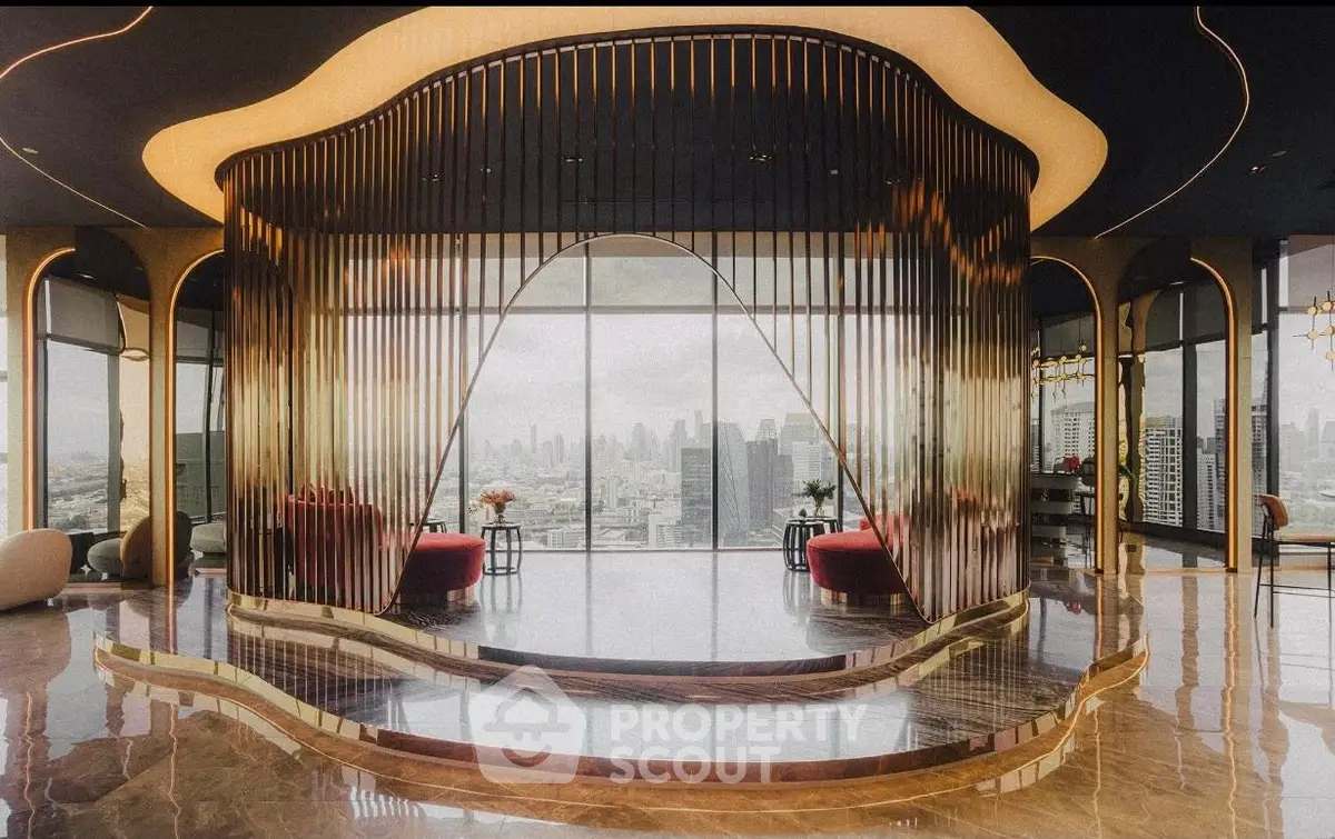 Luxurious modern living room with panoramic city view and elegant decor