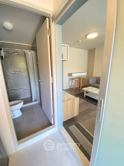 Modern apartment interior with bathroom and cozy living area