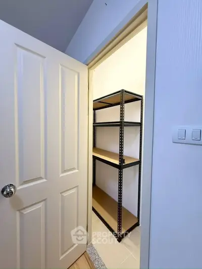 Compact storage room with metal shelving and white door