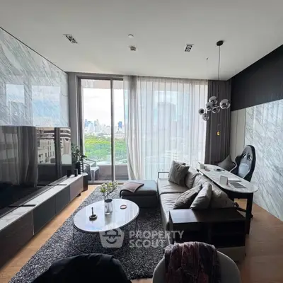 Luxurious living room with panoramic city view and modern decor