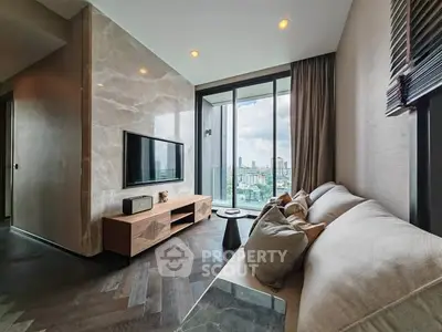 Luxurious living room with city view and modern decor