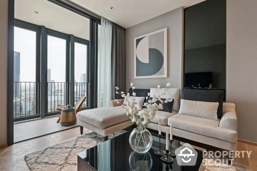 Luxurious modern living room with elegant decor and stunning city view balcony.