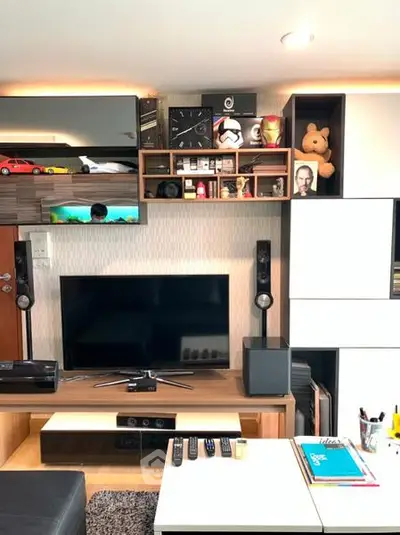 Modern living room with stylish shelving and entertainment center