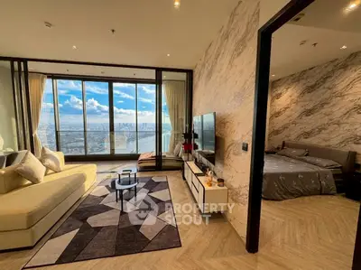 Luxurious living room with stunning city view and elegant bedroom