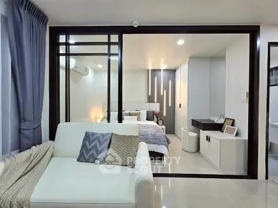 Modern apartment interior with cozy living room and stylish bedroom