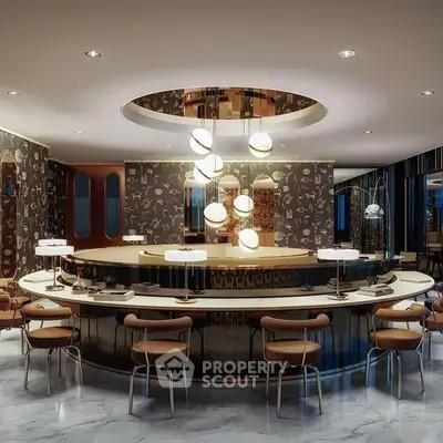 Luxurious modern bar area with elegant lighting and stylish seating
