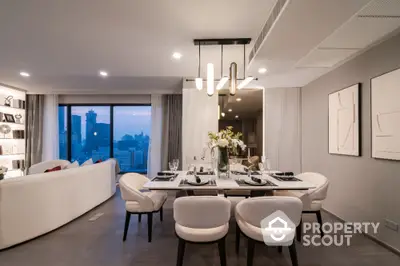 Luxurious modern dining room with city view and elegant decor