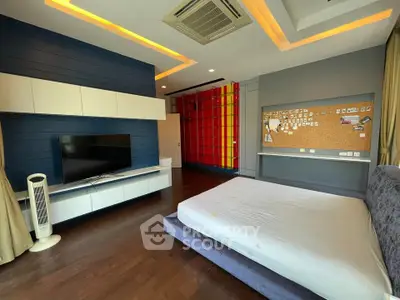 Modern bedroom with stylish decor and built-in storage solutions