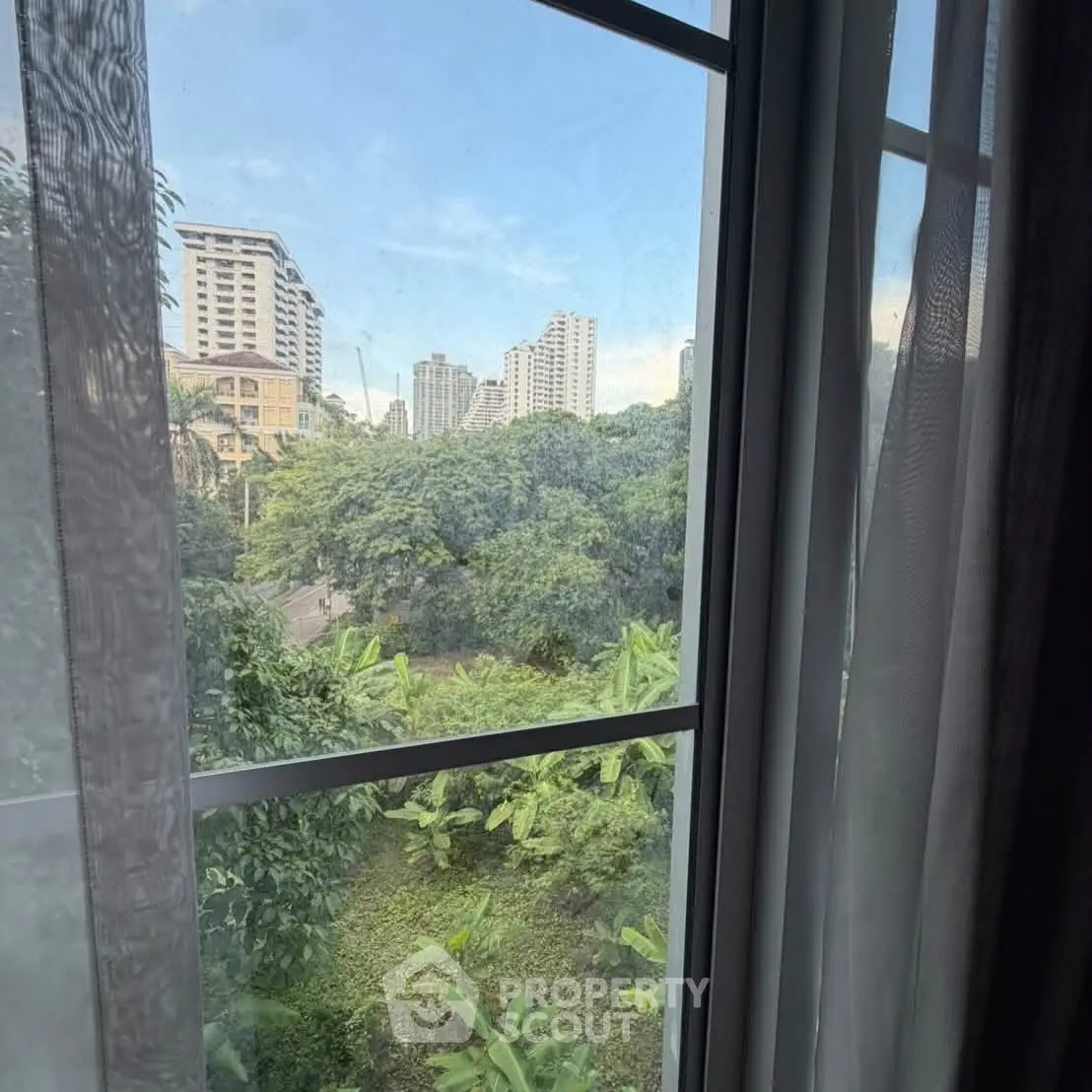 Stunning cityscape view from a window with lush greenery and tall buildings.