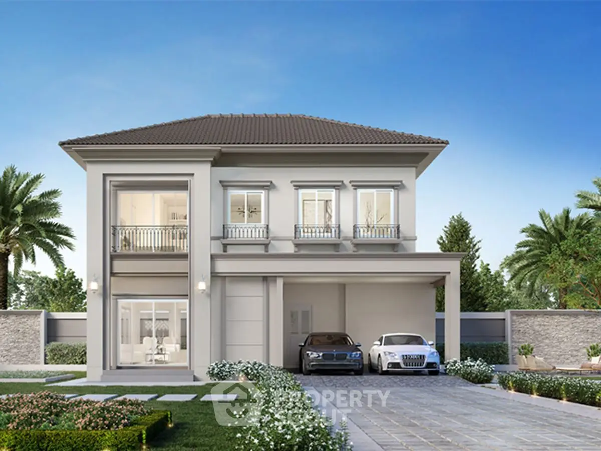 Elegant two-story house with modern design and spacious driveway in a serene neighborhood.
