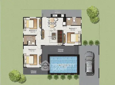 Modern house floor plan with pool, three bedrooms, and spacious living area.