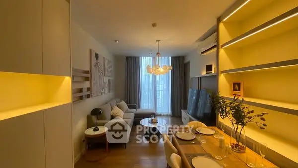 Stylish modern living room with elegant dining area and ambient lighting.