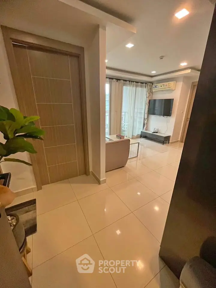 Modern living room with sleek design and natural light