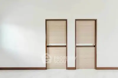 Minimalist interior with two wooden doors and white walls, perfect for modern living spaces.