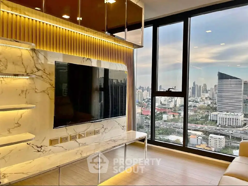 Luxurious living room with stunning city view and modern decor