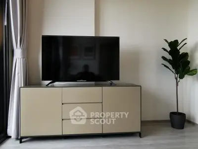 Modern living room with sleek TV stand and potted plant, perfect for stylish urban living.