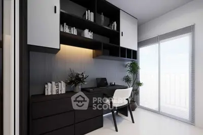 Modern study room with sleek black and white furniture and natural light from large window.