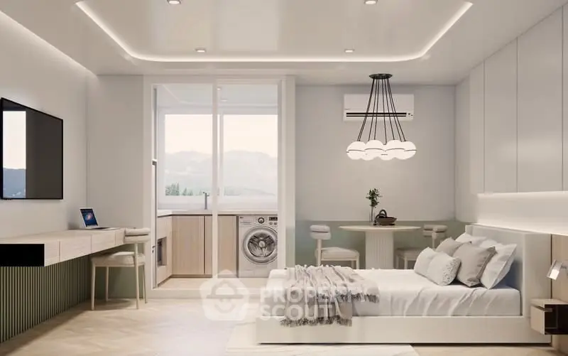 Modern bedroom with stylish decor and integrated laundry area, featuring a washing machine and scenic view.