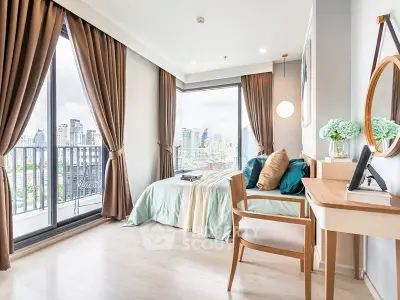 Luxurious bedroom with stunning city view and elegant decor