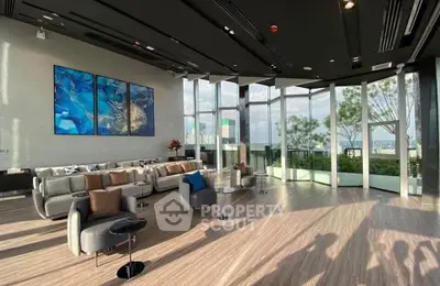 Luxurious modern living room with floor-to-ceiling windows and stunning city view.