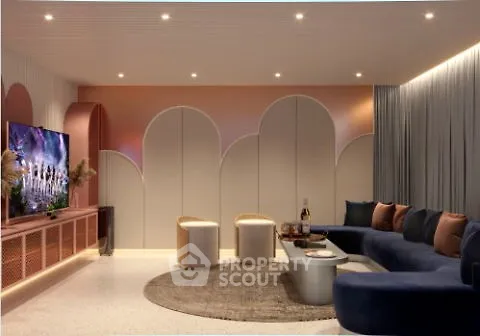 Luxurious modern living room with stylish decor and ambient lighting