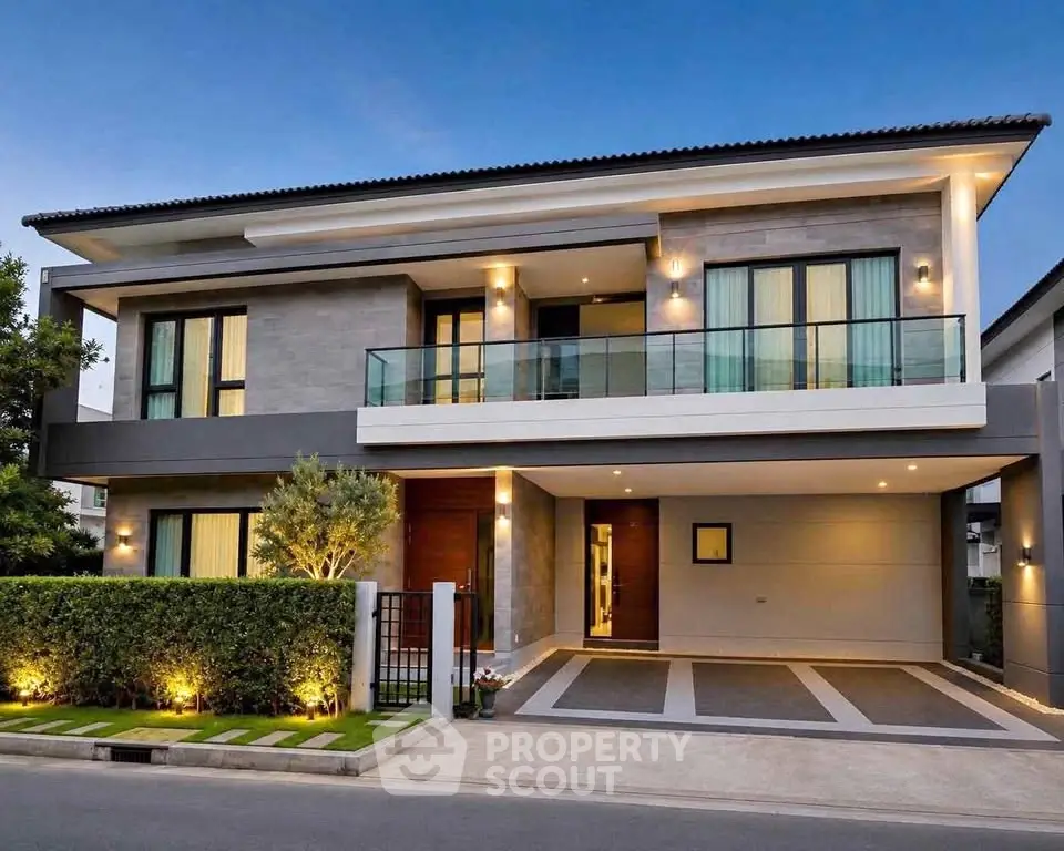 Luxurious modern two-story house with elegant facade and spacious driveway, perfect for upscale living.