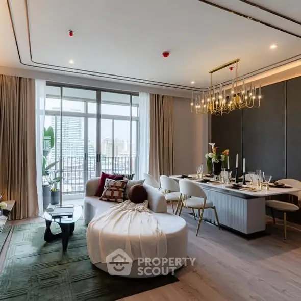 Luxurious modern living room with elegant dining area and city view balcony.