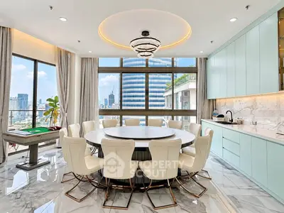 Luxurious modern dining room with panoramic city views and elegant furnishings.