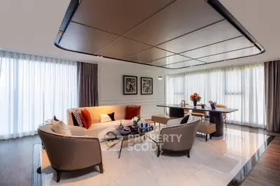 Luxurious modern living room with elegant furniture and large windows