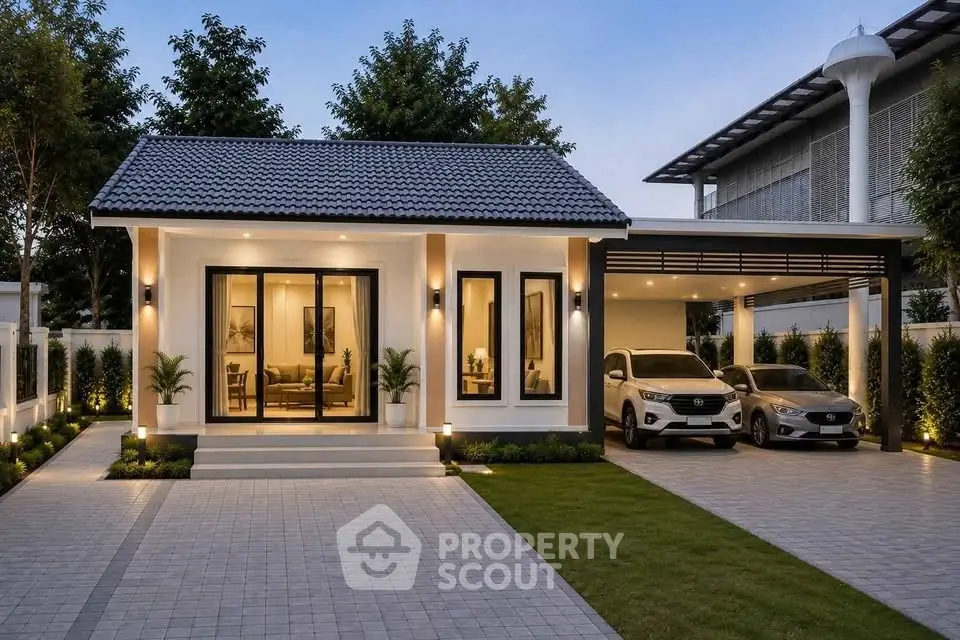 Charming modern house with spacious driveway and carport, featuring elegant exterior lighting and lush landscaping.