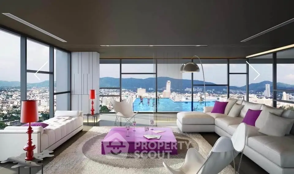 Luxurious modern living room with panoramic city view and stylish decor