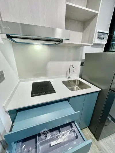 Modern compact kitchen with sleek cabinetry and built-in appliances