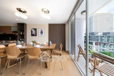 Modern dining area with wooden furniture and balcony view in a stylish apartment