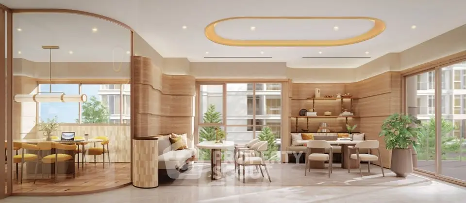 Luxurious modern living room with elegant dining area and large windows offering natural light.