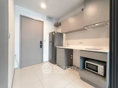Modern kitchen with sleek cabinetry and appliances in a stylish apartment