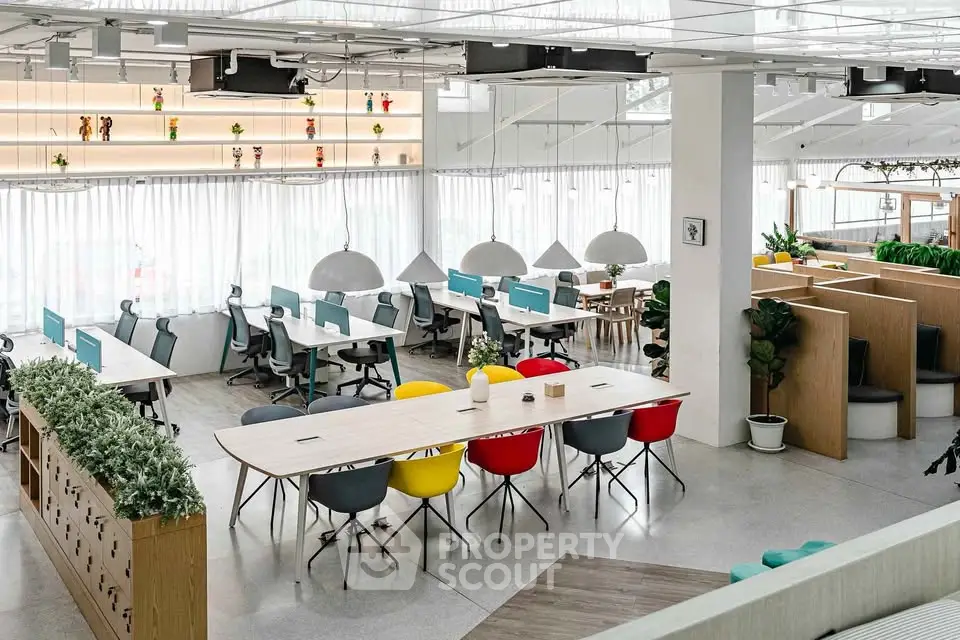 Modern co-working space with open layout and vibrant decor