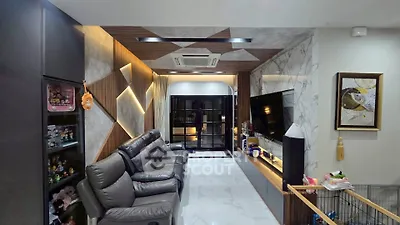 Modern living room with stylish decor and leather sofas
