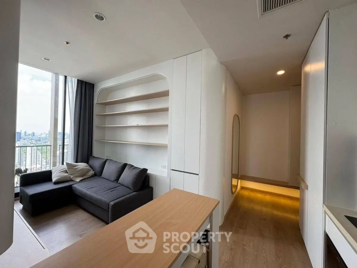 Modern living room with city view and sleek interior design