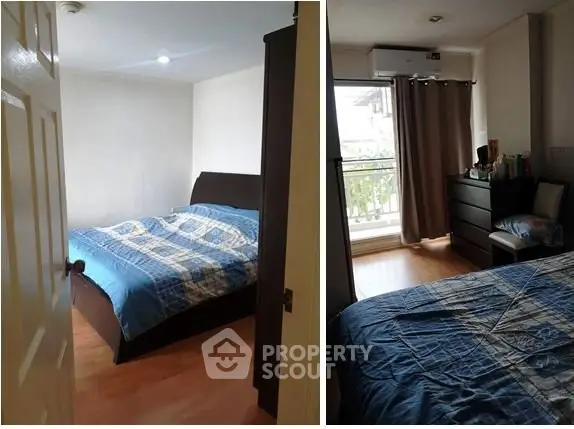 Cozy bedroom with wooden flooring and balcony access, featuring modern furniture and natural light.