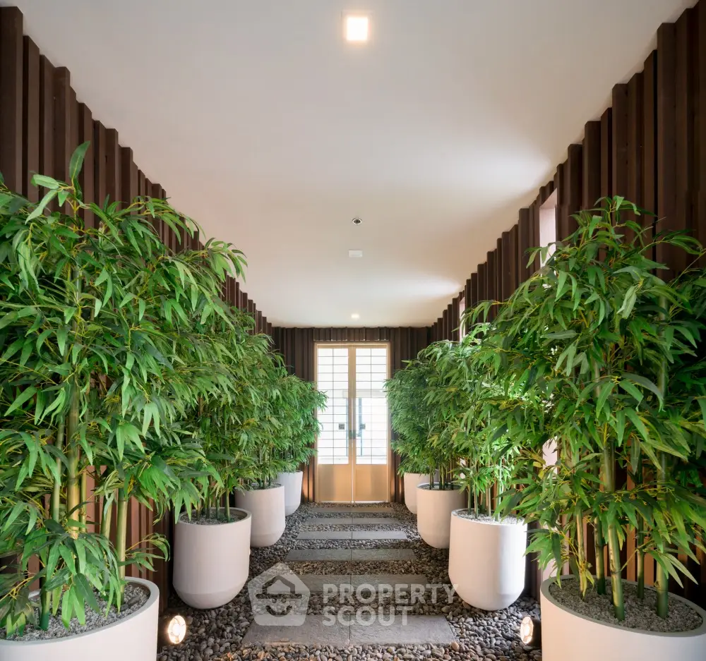 Elegant hallway with lush indoor plants and modern design