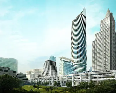 Futuristic architectural design of modern residential buildings with unique spiral structures.