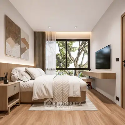 Modern bedroom with large window and stylish decor